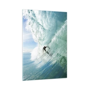Cuadro sobre vidrio - Impresiones sobre Vidrio - Un surfista montando una ola contra un cielo azul. - 50x70cm - Siempre en la ola - Decoración de pared moderna para salón y dormitorio ARTTOR