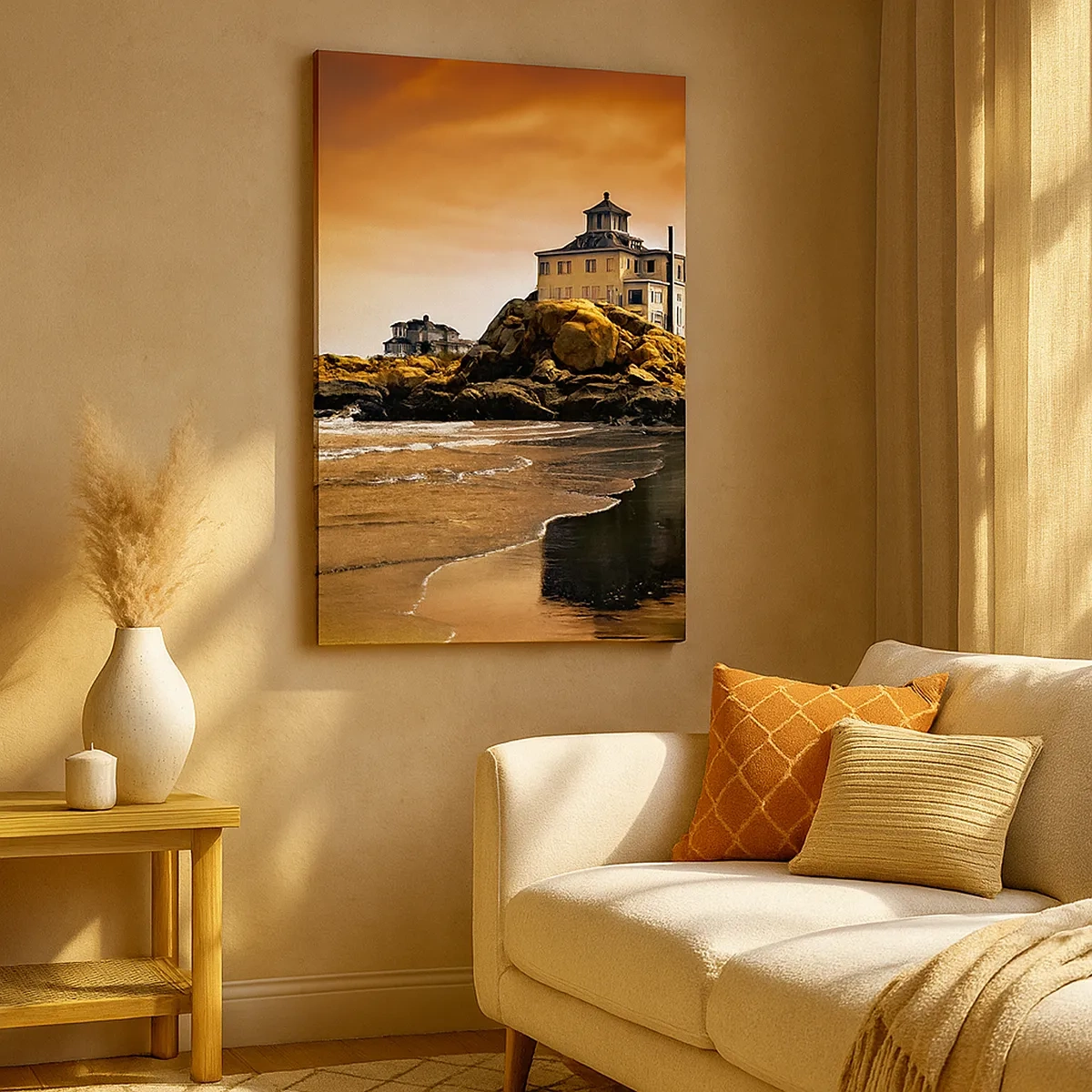 Cuadro sobre lienzo - Impresión de Imagen - Una casa sobre una roca junto a la playa al atardecer con su reflejo en el agua. - 50x70cm - La elegancia de la costa oeste - Decoración de pared moderna para salón y dormitorio ARTTOR