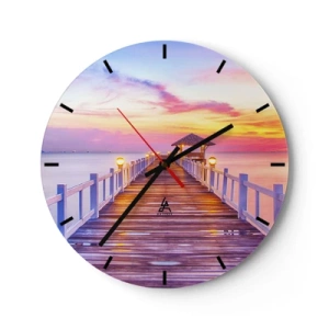 Reloj de pared - Reloj de vidrio - Un muelle junto al mar con un mirador iluminado por los cálidos colores del atardecer. - 30x30cm - El silencio lila-dorado de la tarde - Decoración de pared moderna para salón, cocina y dormitorio ARTTOR