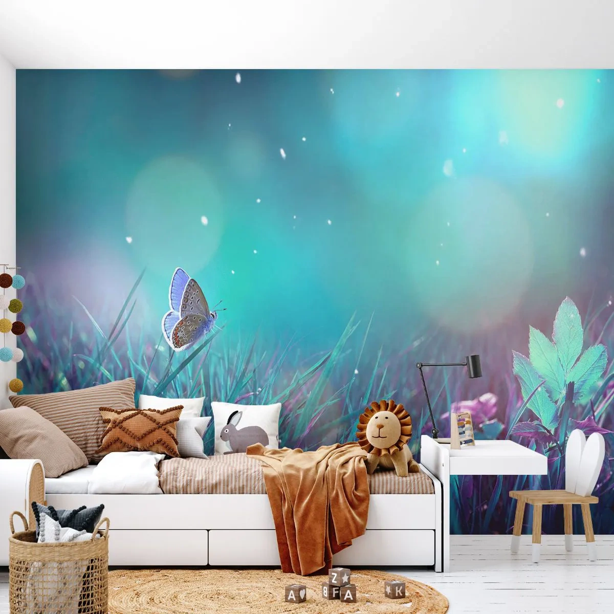 Fotomural Premium Sand - Un prado mágico con una mariposa en tonos azules. - 100x70cm - La vida secreta de un prado - Decoración de pared moderna para salón y dormitorio ARTTOR