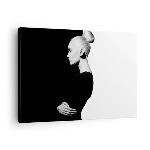 Cuadro sobre lienzo - Impresión de Imagen - Retrato elegante de una mujer sobre un fondo blanco y negro. - 70x50cm - Simplemente femenina - Decoración de pared moderna para salón y dormitorio ARTTOR