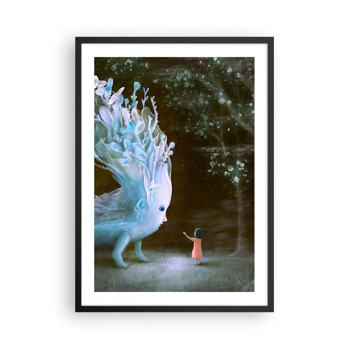Póster en marco negro - Una niña en el bosque se encuentra con una criatura mágica en un entorno luminoso. - 50x70cm - Una reunión fantástica - Decoración de pared moderna para salón y dormitorio ARTTOR