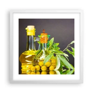 Póster en marco blanco - Bodegón con aceitunas y aceite - 40x40 cm