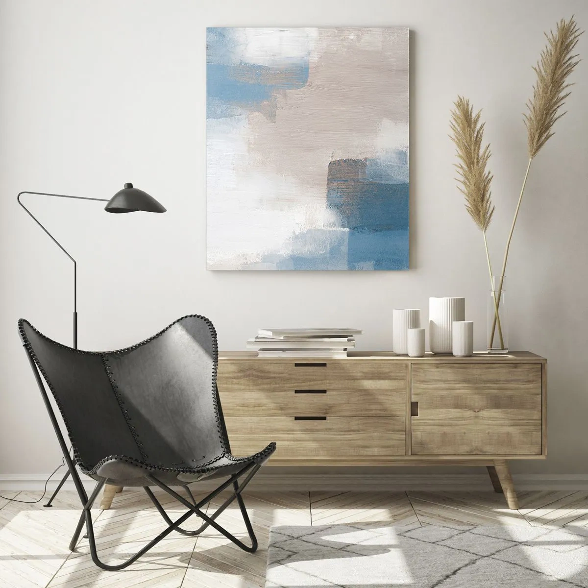 Cuadro sobre vidrio - Impresiones sobre Vidrio - Formas abstractas en tonos azules y beige. - 80x120cm - Abstracción rosa tras un velo azul - Decoración de pared moderna para salón y dormitorio ARTTOR