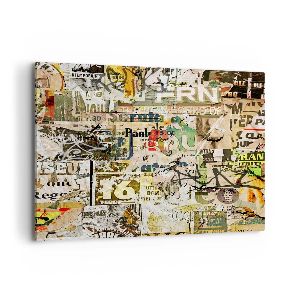 Cuadro sobre lienzo - Impresión de Imagen - Un collage de fragmentos de periódicos y carteles en estilo artístico. - 100x70cm - Oh, está sucediendo... - Decoración de pared moderna para salón y dormitorio ARTTOR