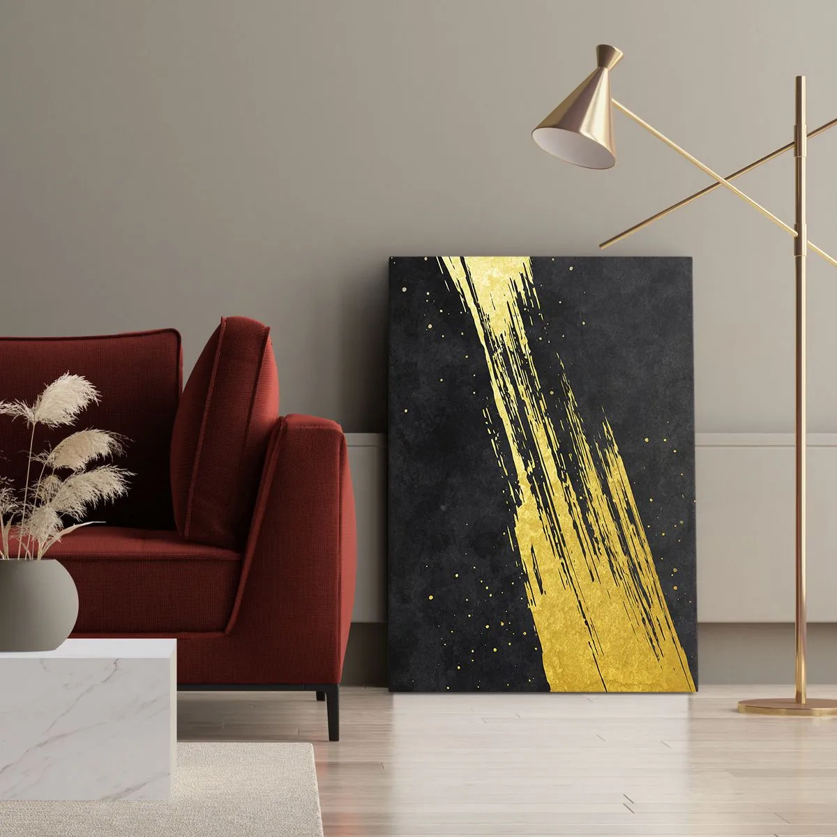 Cuadro sobre lienzo - Impresión de Imagen - Fondo negro con pinceladas doradas dinámicas - 50x70cm - Saltar al hiperespacio - Decoración de pared moderna para salón y dormitorio ARTTOR