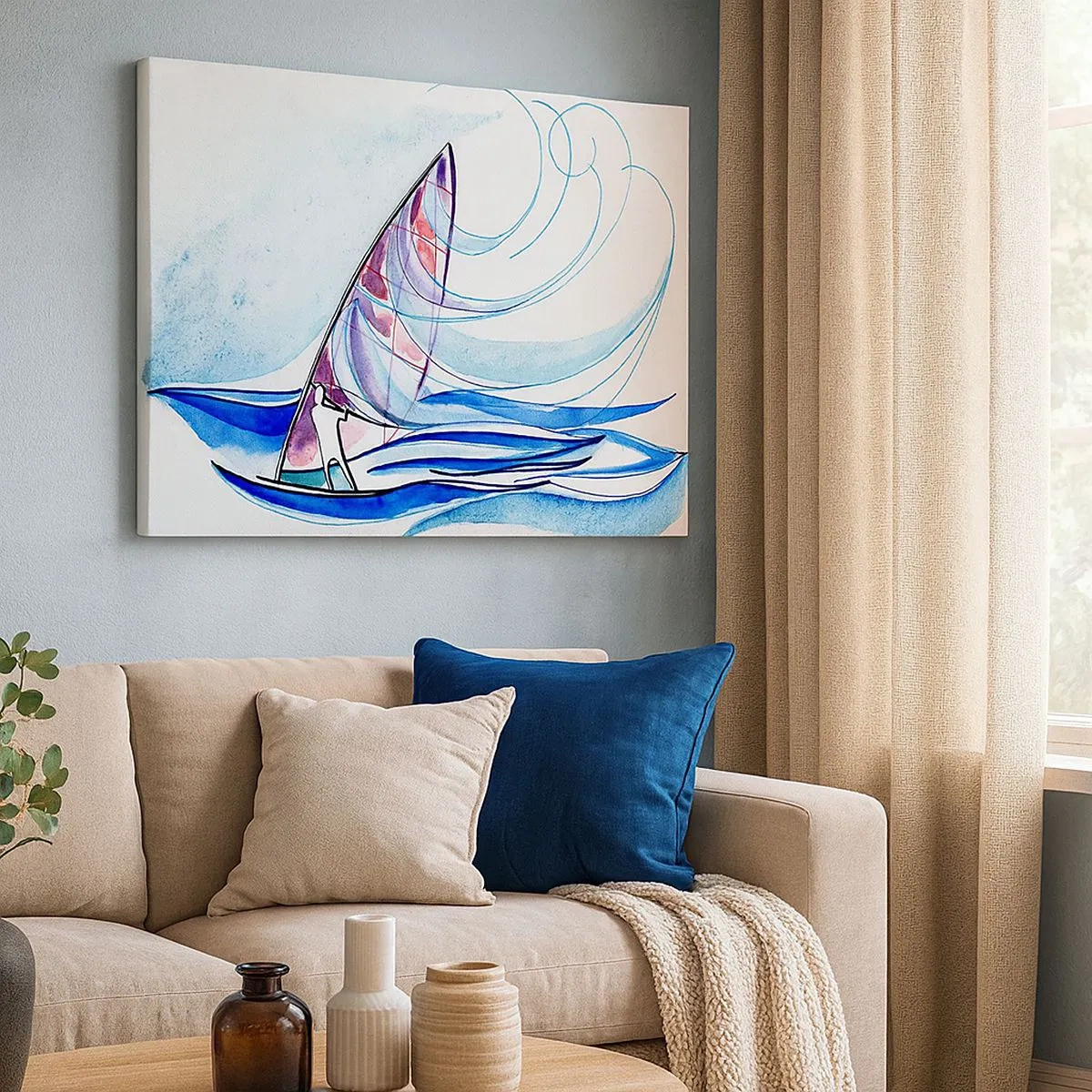 Cuadro sobre lienzo - Impresión de Imagen - Un surfista montando las olas en una composición abstracta de acuarela. - 70x50cm - Con el viento al ritmo de las olas - Decoración de pared moderna para salón y dormitorio ARTTOR
