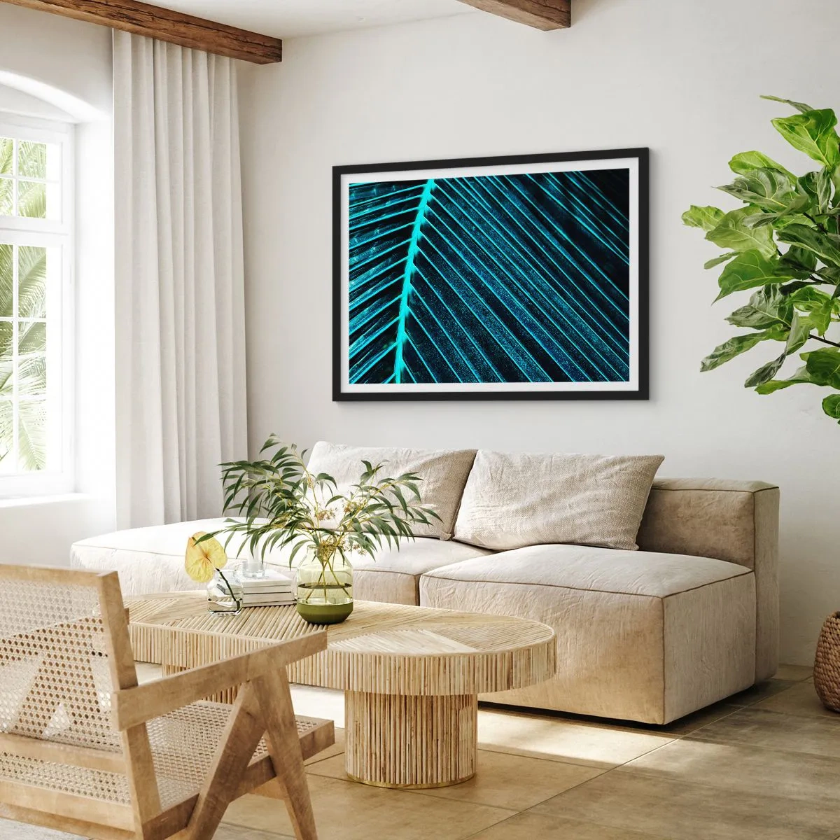 Póster en marco negro - Fotografía macro de una hoja en tonos turquesa y azul marino. - 70x50cm - La textura del verde - Decoración de pared moderna para salón y dormitorio ARTTOR