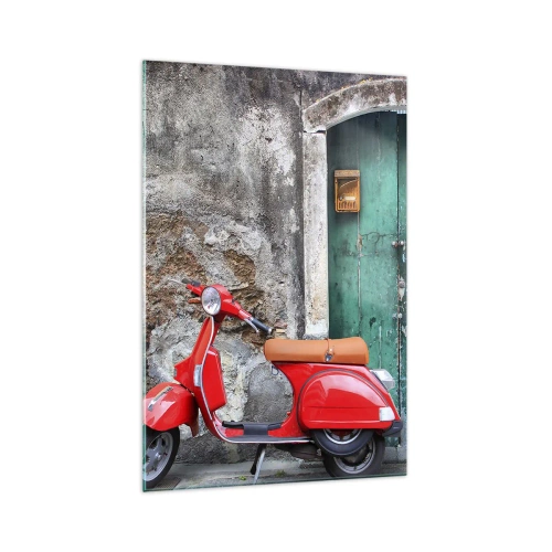Cuadro sobre vidrio - Impresiones sobre Vidrio - Scooter rojo junto a la puerta verde - 70x100cm - Vacaciones en Italia - Decoración de pared moderna para salón y dormitorio ARTTOR