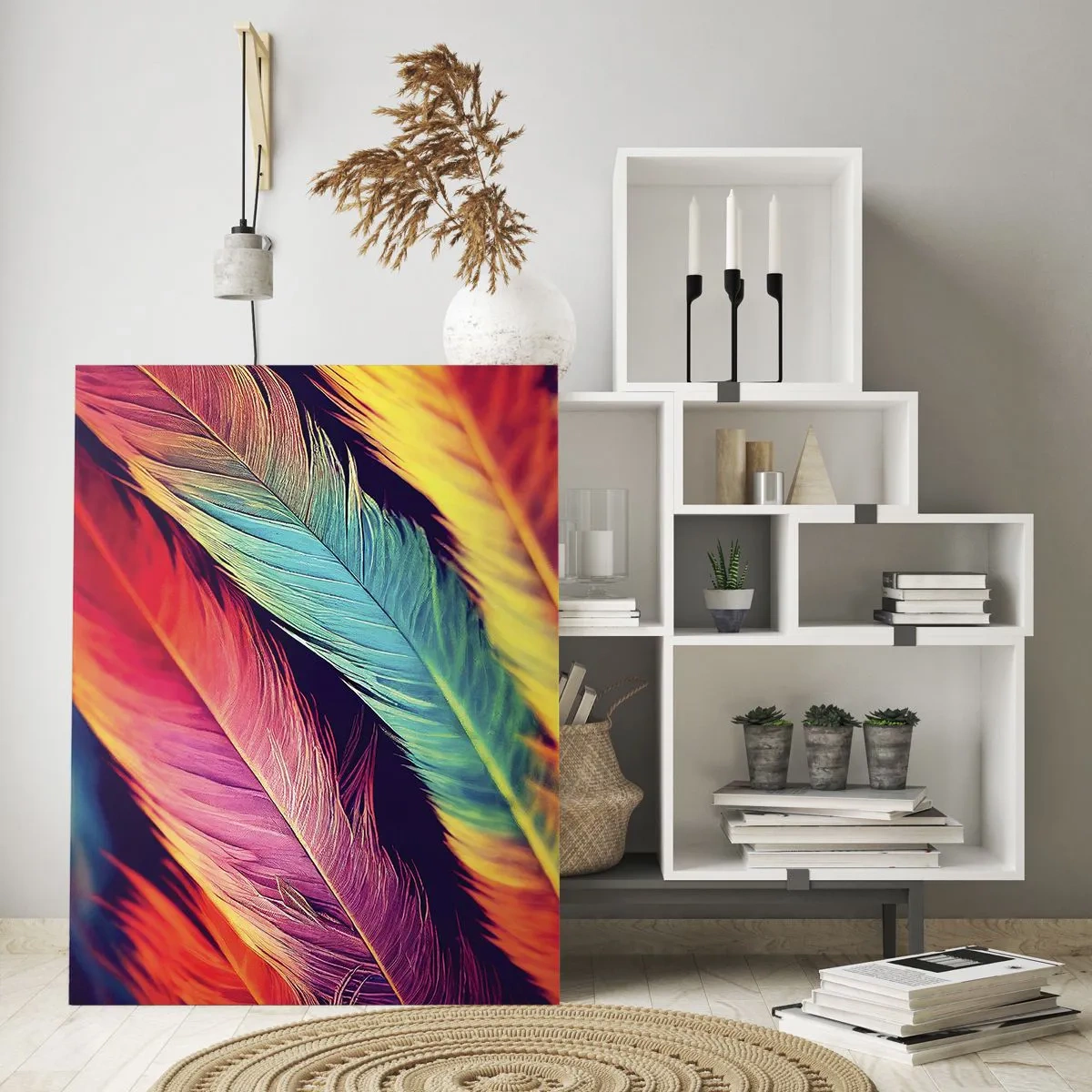 Cuadro sobre vidrio - Impresiones sobre Vidrio - Plumas de colores intensos - 80x120cm - Arco iris plumoso - Decoración de pared moderna para salón y dormitorio ARTTOR