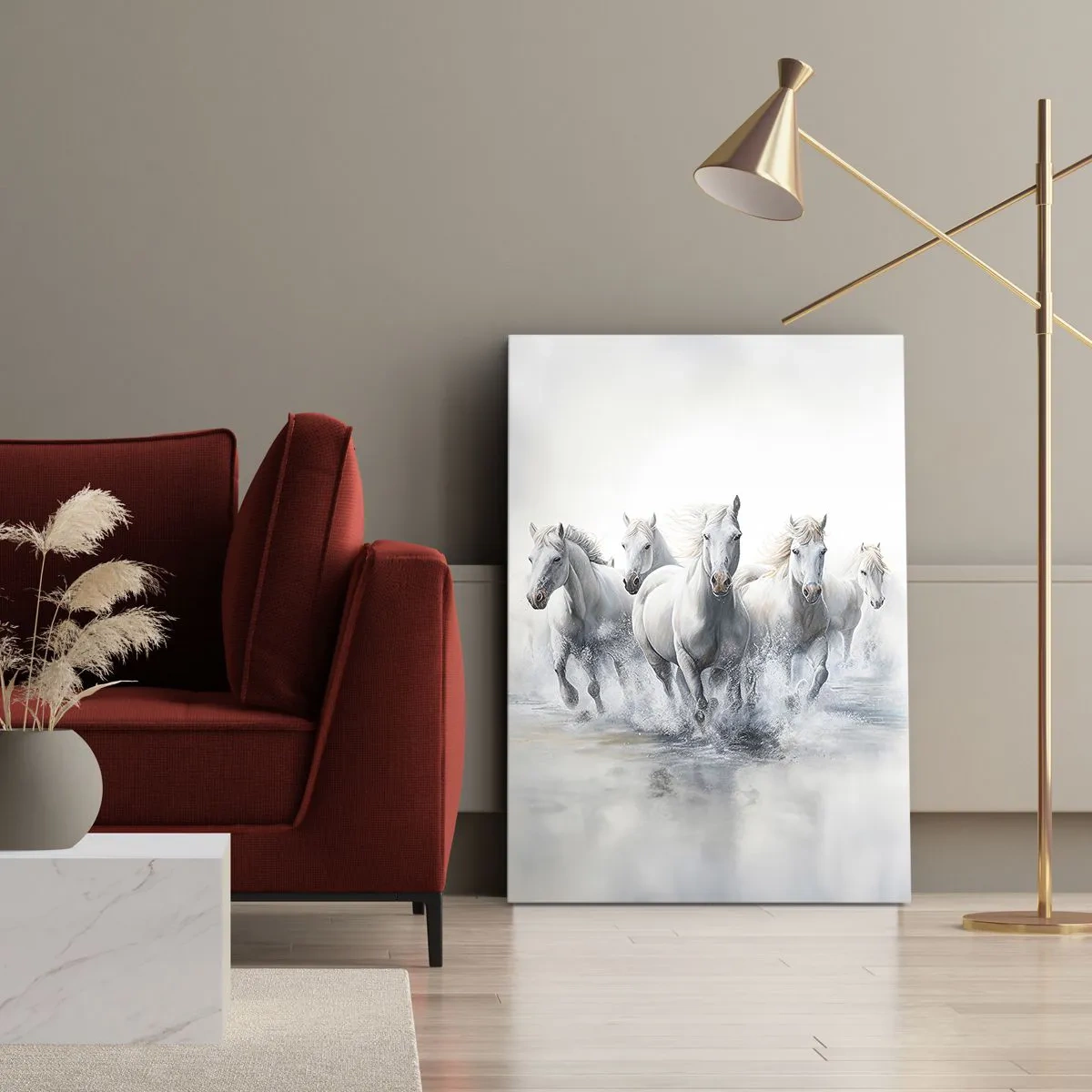Cuadro sobre lienzo - Impresión de Imagen - Caballos blancos galopando por el agua - 50x70cm - Magia blanca - Decoración de pared moderna para salón y dormitorio ARTTOR