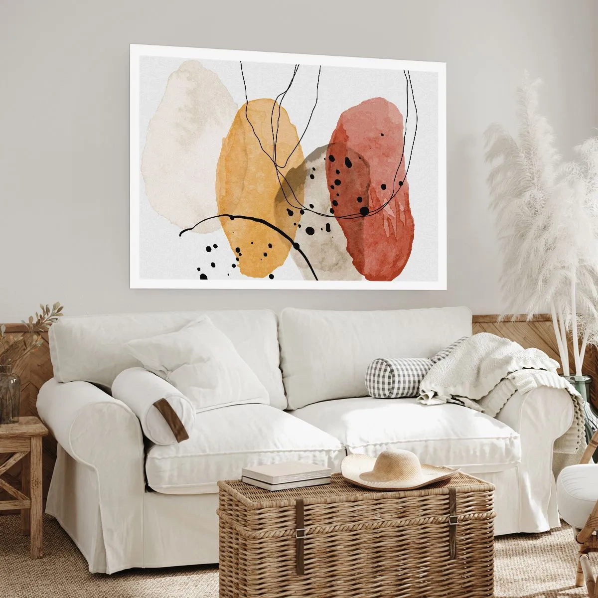 Póster - Manchas abstractas en tonos beige, amarillo y rojo. - 100x70cm - Líneas y transparencias - Decoración de pared moderna para salón y dormitorio ARTTOR