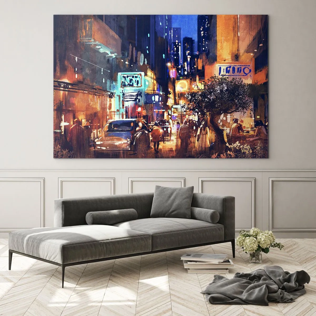 Cuadro sobre vidrio - Impresiones sobre Vidrio - Pintoresca escena nocturna de la ciudad con luces de neón y tráfico callejero. - 70x50cm - Y la ciudad no duerme - Decoración de pared moderna para salón y dormitorio ARTTOR