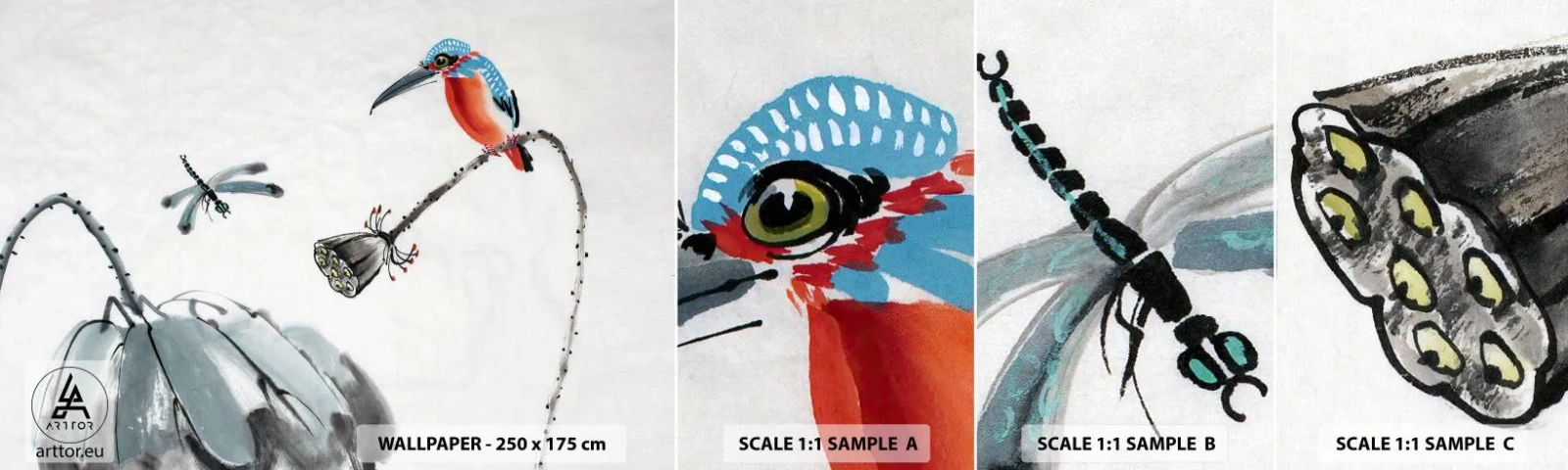 Muestra de fotomural autoadhesivo Deluxe Sticker - La vida de la pradera - Abstracción, Pájaro, Flor - 100x30 cm