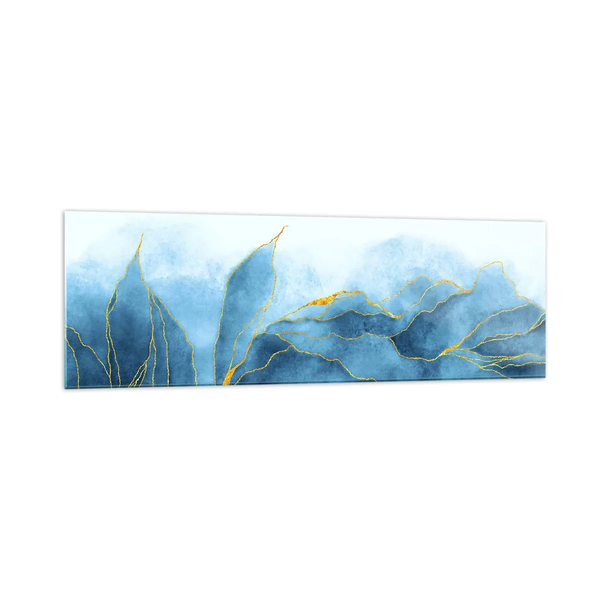 Cuadro sobre vidrio - Impresiones sobre Vidrio - Ondas abstractas en tonos azules con acentos dorados. - 160x50cm - Oro y azul - Decoración de pared moderna para salón y dormitorio ARTTOR