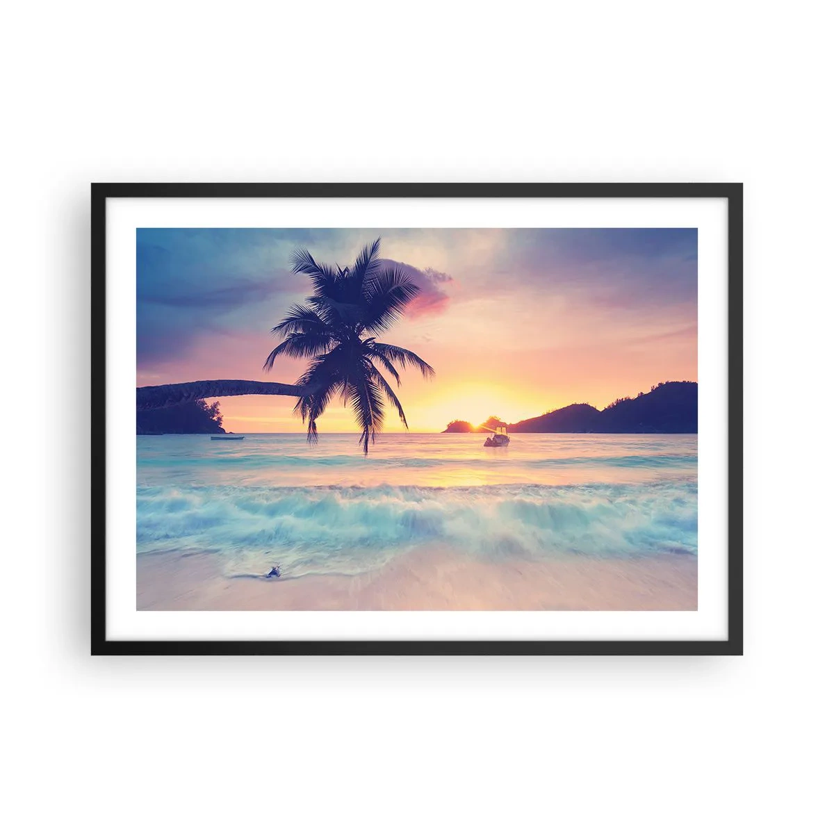 Póster en marco negro - Playa con palmera y puesta de sol sobre el océano. - 70x50cm - Atardecer en la bahía - Decoración de pared moderna para salón y dormitorio ARTTOR