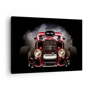 Cuadro sobre lienzo - Impresión de Imagen - Coche de carreras clásico rojo sobre un fondo oscuro - 70x50cm - Rápida y furiosamente bella - Decoración de pared moderna para salón y dormitorio ARTTOR