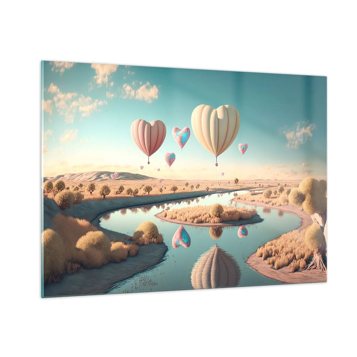 Cuadro sobre vidrio - Impresiones sobre Vidrio - Globos en forma de corazón sobre un paisaje de cuento de hadas con un río. - 100x70cm - El amor te hace volar - Decoración de pared moderna para salón y dormitorio ARTTOR