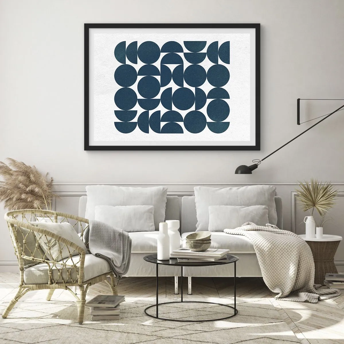 Póster en marco negro - Formas geométricas en tonos azul marino sobre fondo blanco. - 70x50cm - Círculos y semicírculos - Decoración de pared moderna para salón y dormitorio ARTTOR