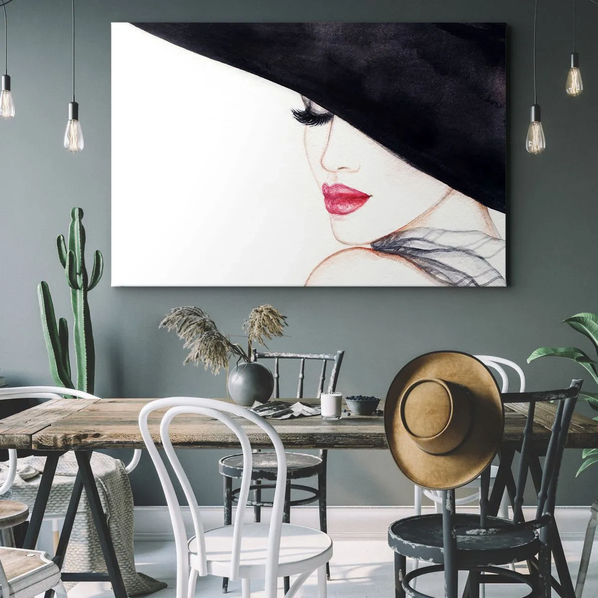 Cuadro sobre lienzo - Impresión de Imagen - Una ilustración sutil de una mujer con un sombrero negro y labios rojos. - 120x80cm - Elegancia y sensualidad - Decoración de pared moderna para salón y dormitorio ARTTOR