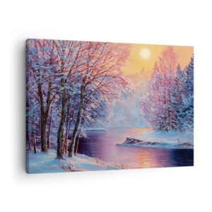 Cuadro sobre lienzo - Impresión de Imagen - Paisaje invernal con río y árboles al amanecer. - 70x50cm - Colores del invierno - Decoración de pared moderna para salón y dormitorio ARTTOR