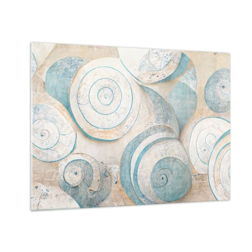 Cuadro sobre vidrio - Impresiones sobre Vidrio - Conchas en una paleta azul y beige sobre un fondo estructurado. - 70x50cm - ¿Qué esconden en su interior? - Decoración de pared moderna para salón y dormitorio ARTTOR