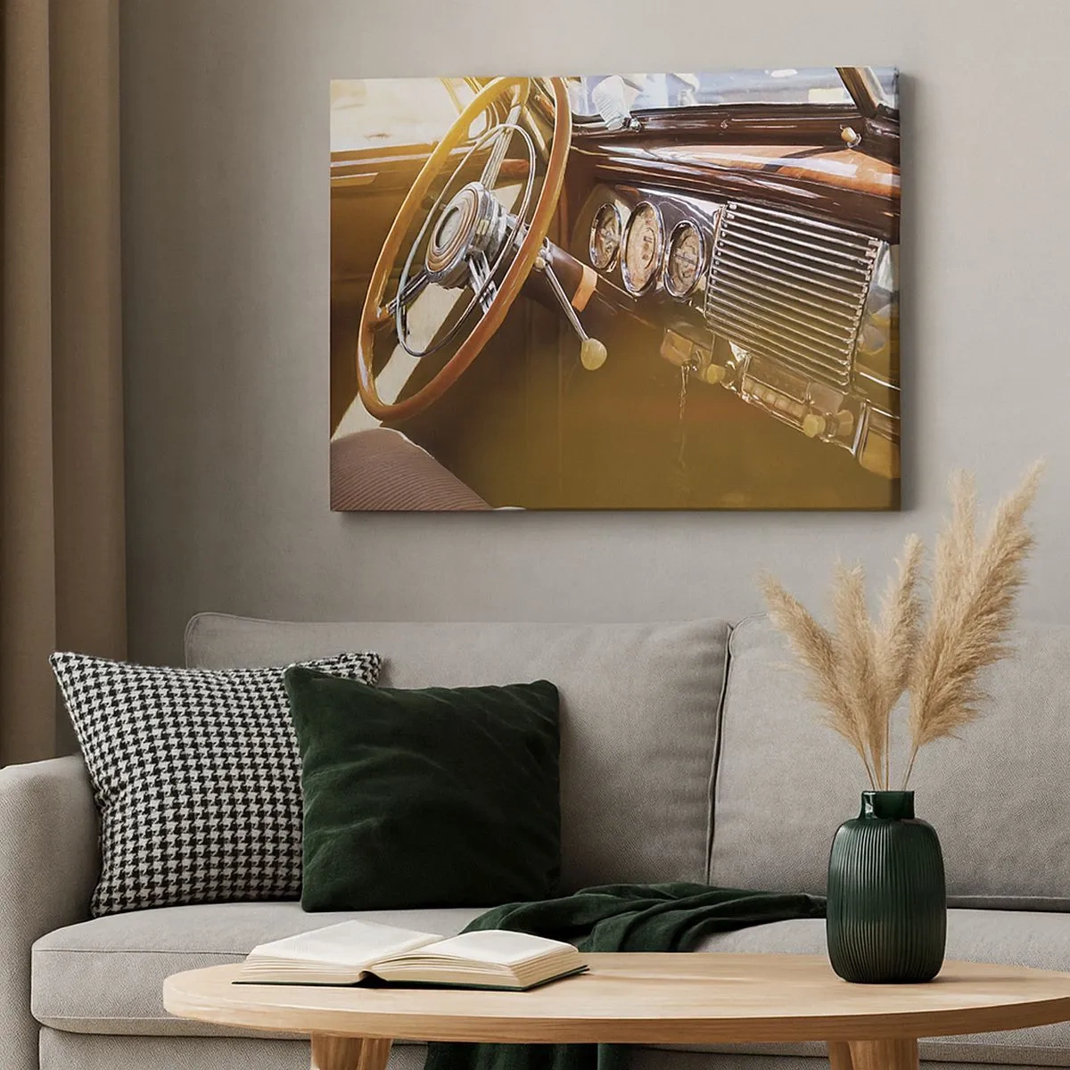 Cuadro sobre lienzo - Impresión de Imagen - Primer plano del interior de un coche clásico con detalles en madera y cromo. - 70x50cm - Un soplo de lujo del pasado - Decoración de pared moderna para salón y dormitorio ARTTOR