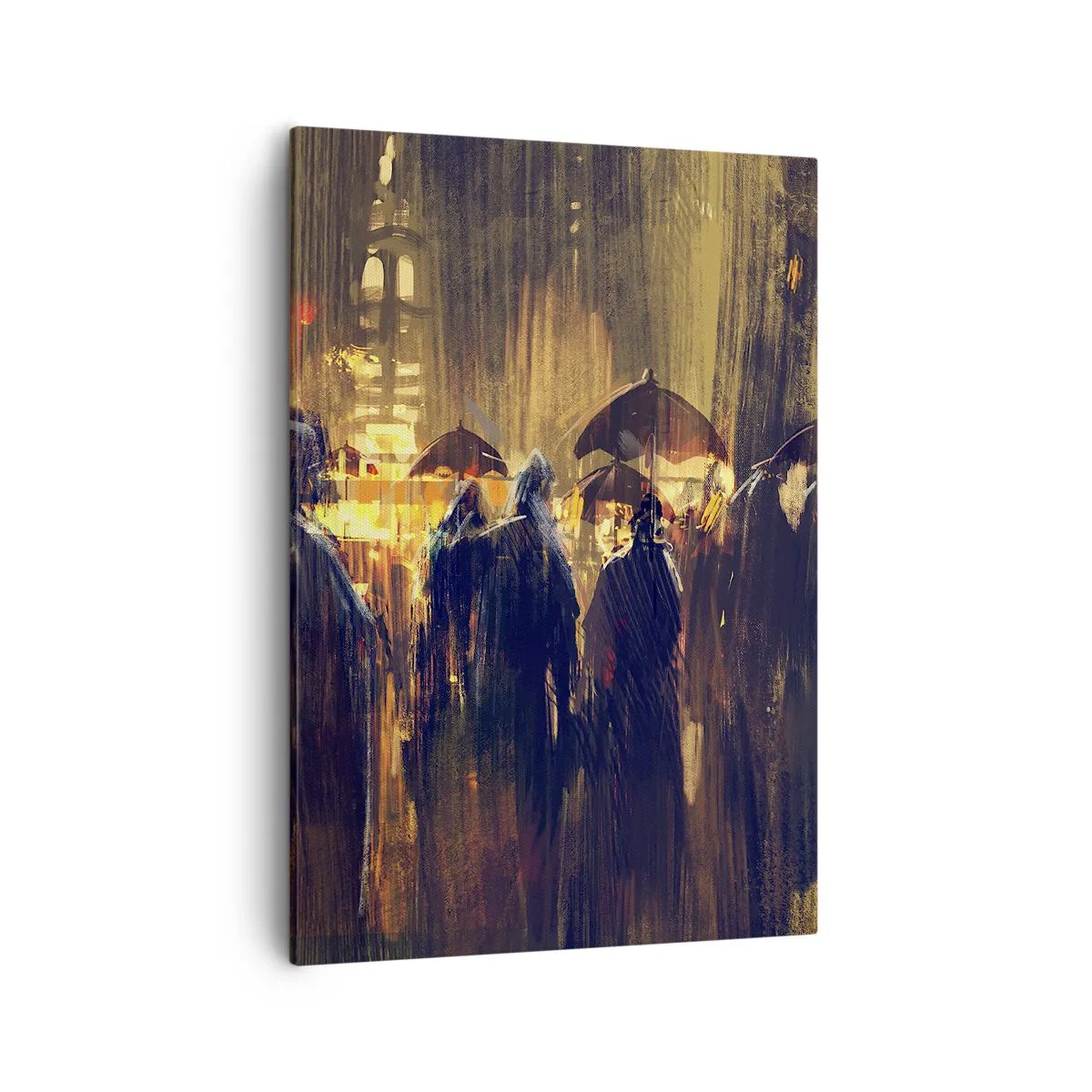 Cuadro sobre lienzo - Impresión de Imagen - Figuras con paraguas en una ciudad lluviosa por la noche - 50x70cm - Seguidores de la lluvia - Decoración de pared moderna para salón y dormitorio ARTTOR