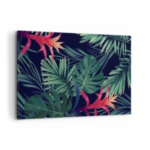 Cuadro sobre lienzo - Impresión de Imagen - Hojas y flores tropicales sobre un fondo oscuro. - 120x80cm - Encender el color verde - Decoración de pared moderna para salón y dormitorio ARTTOR