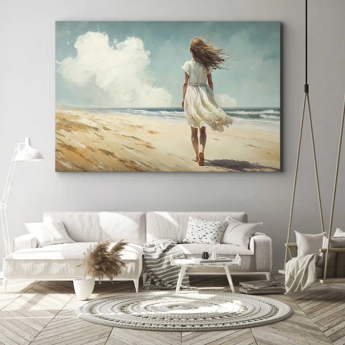 Cuadro sobre lienzo - Impresión de Imagen - Una mujer con un vestido blanco caminando por la playa en un día soleado. - 70x50cm - Al encuentro del sol y del viento - Decoración de pared moderna para salón y dormitorio ARTTOR
