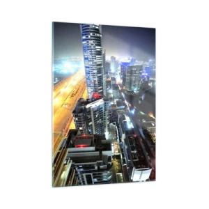 Cuadro sobre vidrio - Impresiones sobre Vidrio - Panorama de la ciudad nocturna con rascacielos iluminados - 50x70cm - Un milagro en el desierto - Decoración de pared moderna para salón y dormitorio ARTTOR