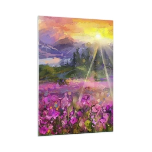 Cuadro sobre vidrio - Impresiones sobre Vidrio - Un pintoresco valle lleno de flores iluminado por los rayos del sol. - 50x70cm - En un valle bajo la protección del sol - Decoración de pared moderna para salón y dormitorio ARTTOR
