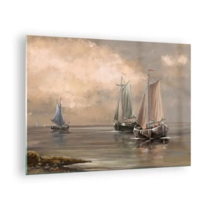 Cuadro sobre vidrio - Impresiones sobre Vidrio - Tres veleros en un mar tranquilo en colores pastel - 70x50cm - El regreso de los marineros - Decoración de pared moderna para salón y dormitorio ARTTOR