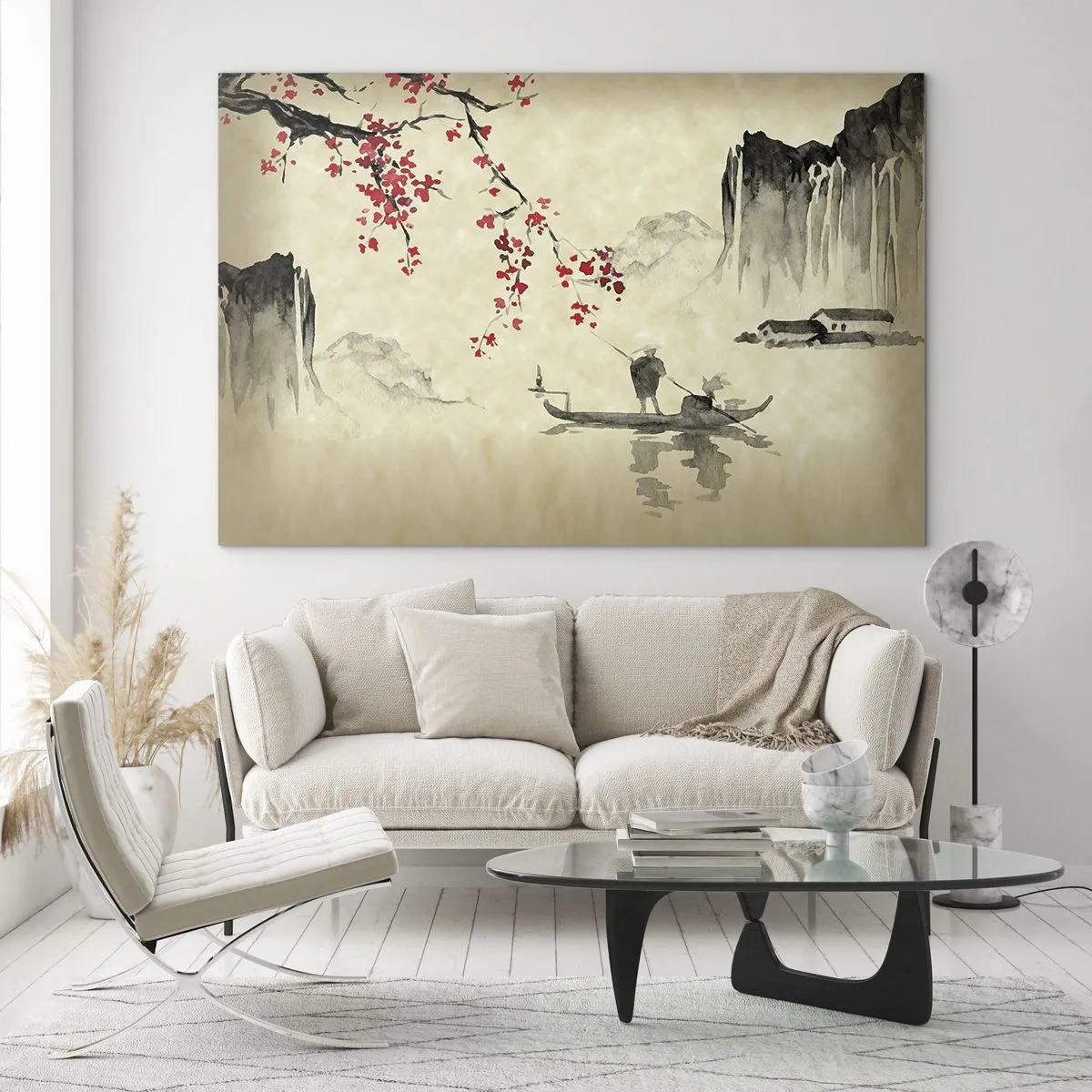 Cuadro sobre vidrio - Impresiones sobre Vidrio - Escena de pesca oriental con rama de flor de cerezo y montañas. - 70x50cm - En el país de los cerezos en flor - Decoración de pared moderna para salón y dormitorio ARTTOR