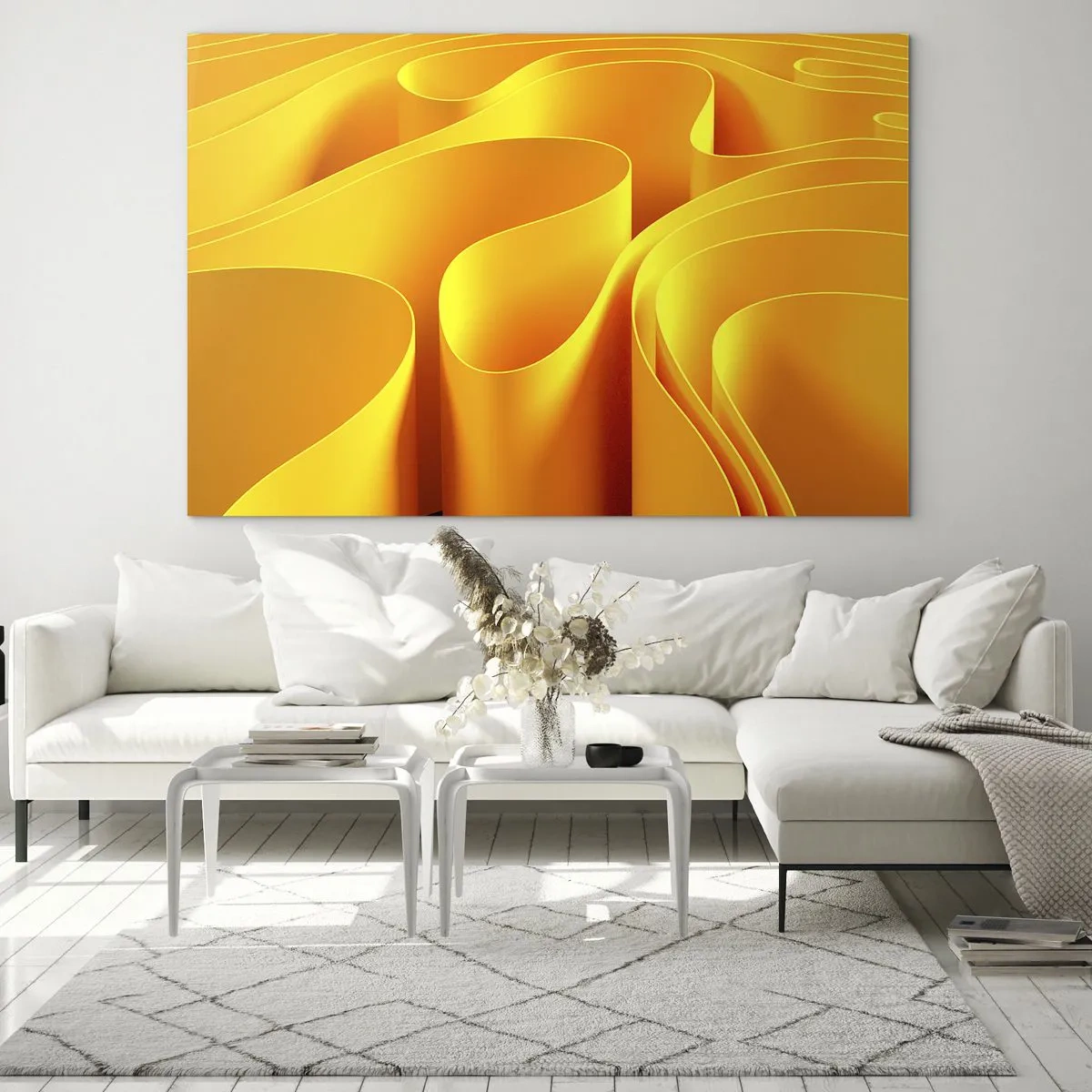 Cuadro sobre vidrio - Impresiones sobre Vidrio - Ondas abstractas en tonos dorados y naranjas. - 100x70cm - Como las olas del sol - Decoración de pared moderna para salón y dormitorio ARTTOR