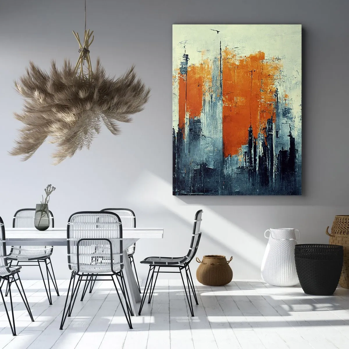 Cuadro sobre lienzo - Impresión de Imagen - Paisaje urbano abstracto en tonos naranja y azul. - 70x100cm - Paisaje moderno - Decoración de pared moderna para salón y dormitorio ARTTOR