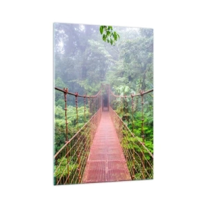 Cuadro sobre vidrio - Impresiones sobre Vidrio - Un puente colgante en una selva tropical rodeado de niebla. - 70x100cm - Suspendido sobre las copas - Decoración de pared moderna para salón y dormitorio ARTTOR