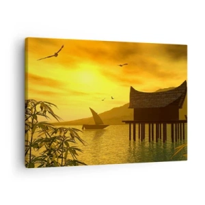 Cuadro sobre lienzo - Impresión de Imagen - Puesta de sol tropical sobre el agua con casa de madera sobre pilotes. - 70x50cm - La ansiada paz - Decoración de pared moderna para salón y dormitorio ARTTOR