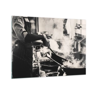 Cuadro sobre vidrio - Impresiones sobre Vidrio - Un chef en acción con una sartén en una cocina llena de vapor. - 70x50cm - Alquimia de sabores - Decoración de pared moderna para salón y dormitorio ARTTOR