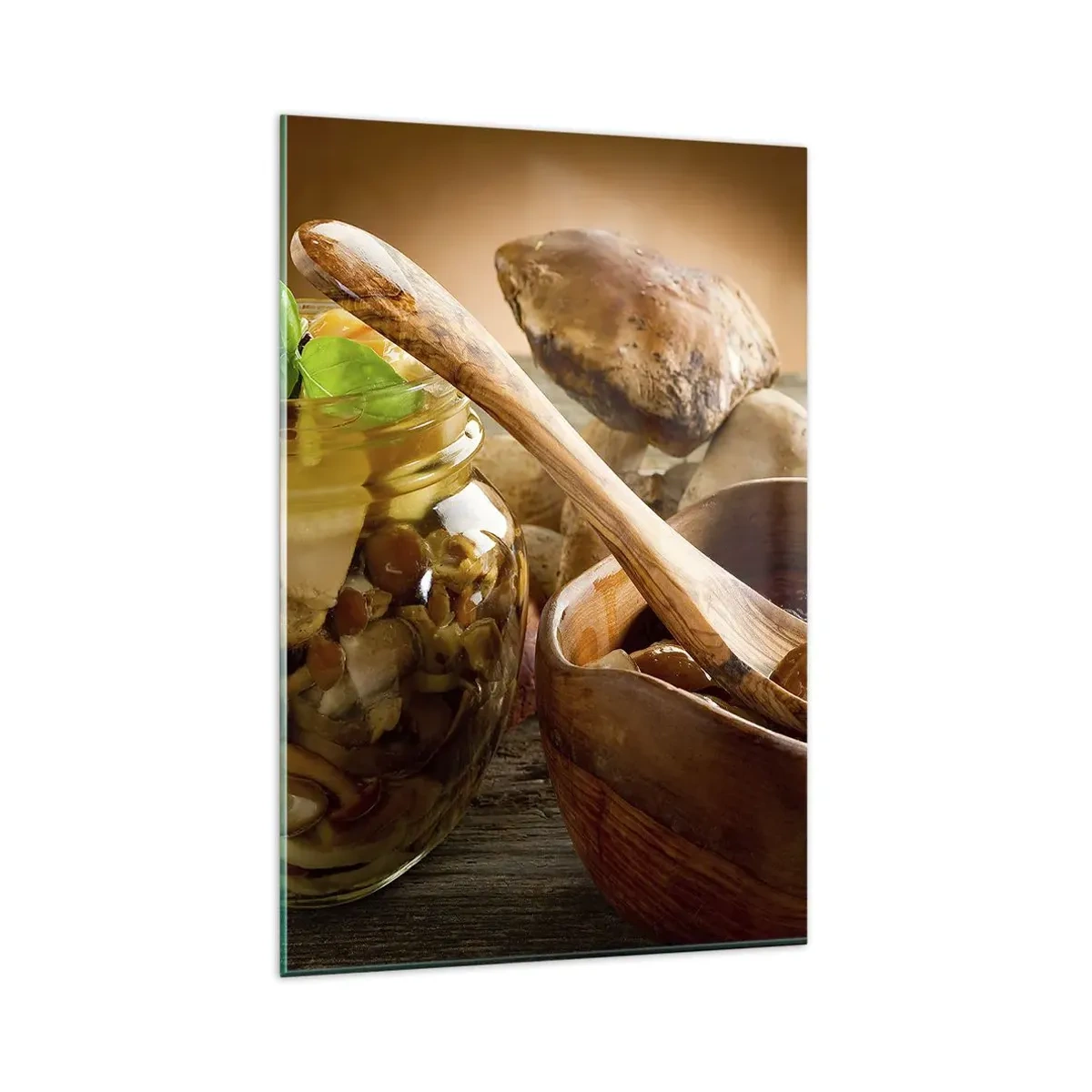 Cuadro sobre vidrio - Impresiones sobre Vidrio - Setas naturales en un tarro sobre una mesa rústica - 80x120cm - Ya sea fresco, o salado, o de temporada de otoño.... - Decoración de pared moderna para salón y dormitorio ARTTOR