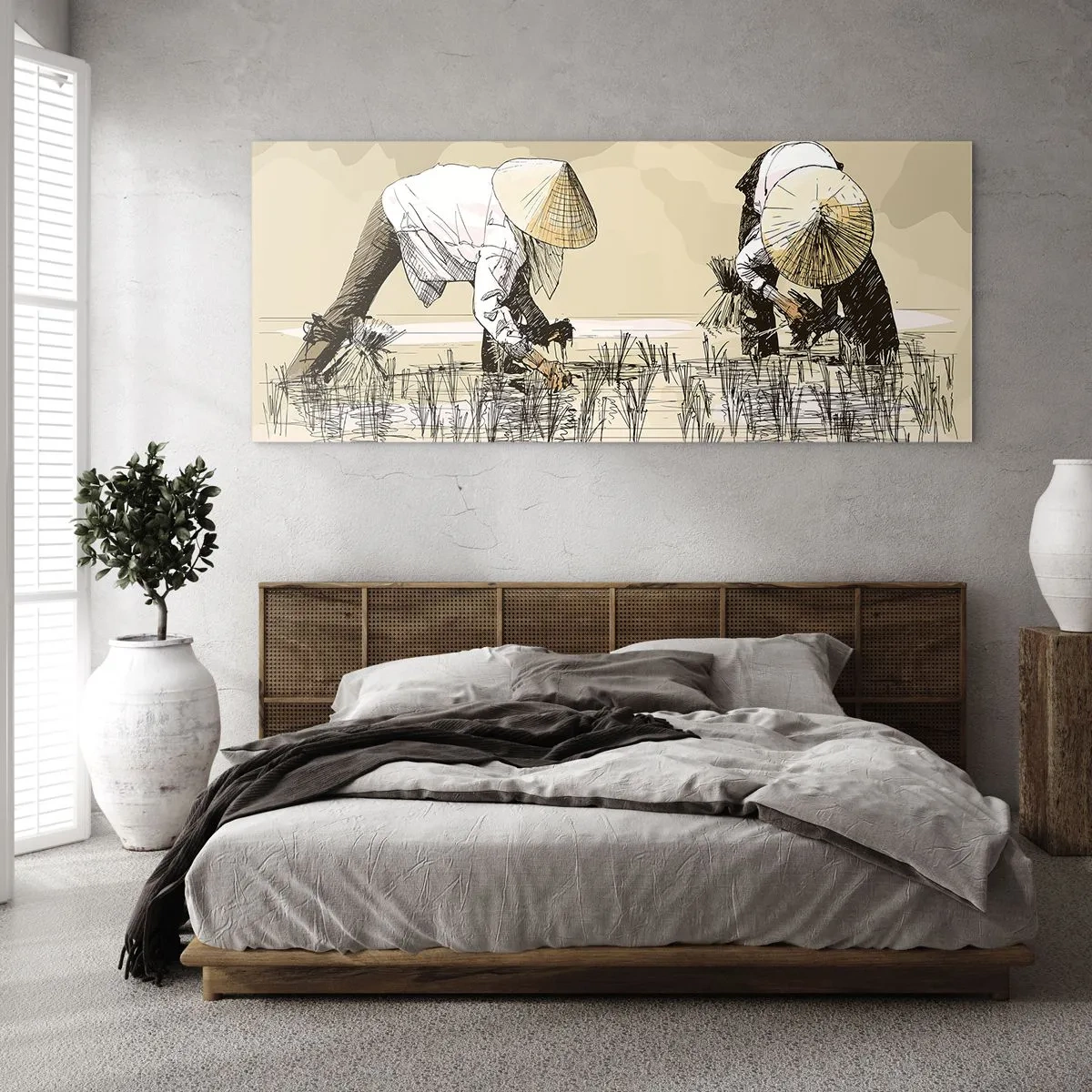 Cuadro sobre vidrio - Impresiones sobre Vidrio - Agricultores trabajando en un campo de arroz con sombreros tradicionales - 120x50cm - De una cosecha exitosa - Decoración de pared moderna para salón y dormitorio ARTTOR