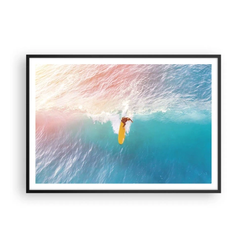 Póster en marco negro - Surfista en una ola en colores pastel - 100x70cm - Jinete del océano - Decoración de pared moderna para salón y dormitorio ARTTOR