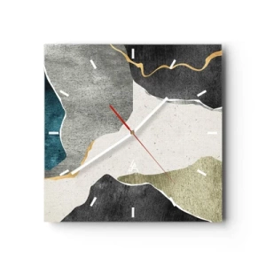 Reloj de pared - Reloj de vidrio - Formas geométricas en tonos grises, verdes y dorados. - 30x30cm - Composición en mosaico con una hebra de oro - Decoración de pared moderna para salón y dormitorio ARTTOR