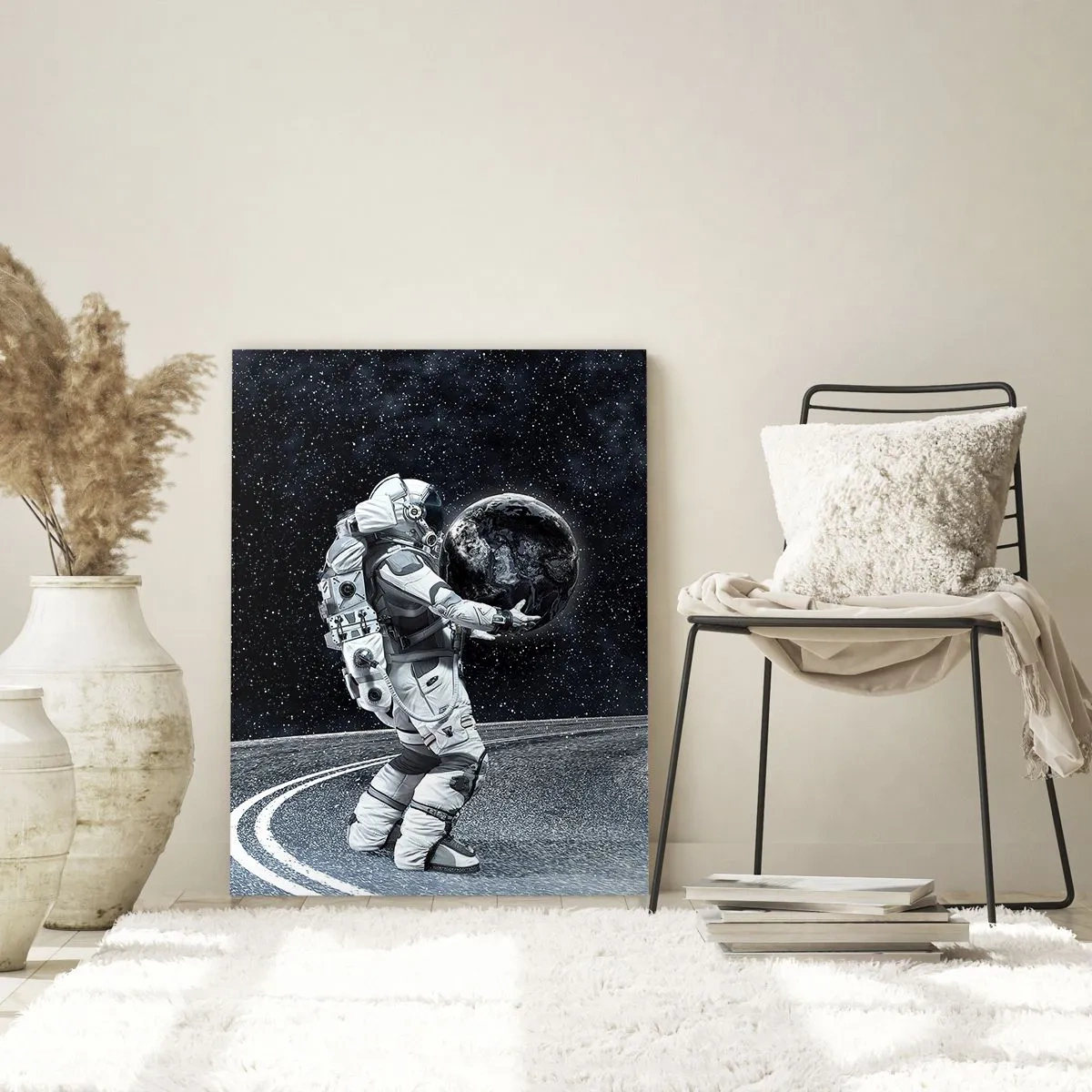 Cuadro sobre vidrio - Impresiones sobre Vidrio - Un astronauta que lleva la Tierra en su camino a través del universo. - 50x70cm - En la Vía Láctea - Decoración de pared moderna para salón y dormitorio ARTTOR