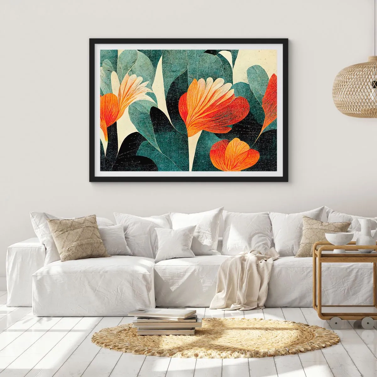 Póster en marco negro - Flores en tonos intensos de naranja y verde. - 70x50cm - El calor del trópico y el frescor del verdor - Decoración de pared moderna para salón y dormitorio ARTTOR