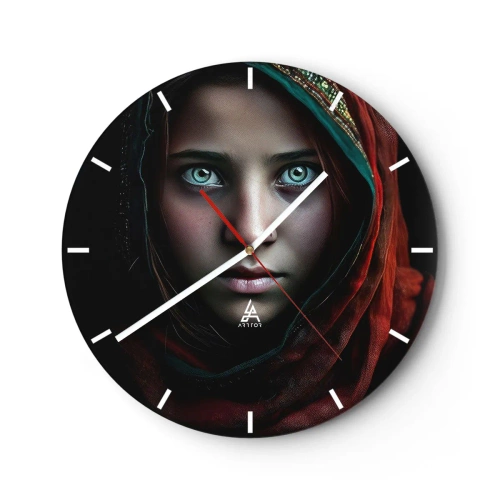 Reloj de pared - Reloj de vidrio - Retrato de una niña con un pañuelo rojo y una mirada intensa. - 30x30cm - Princesa del Este - Decoración de pared moderna para salón, cocina y dormitorio ARTTOR