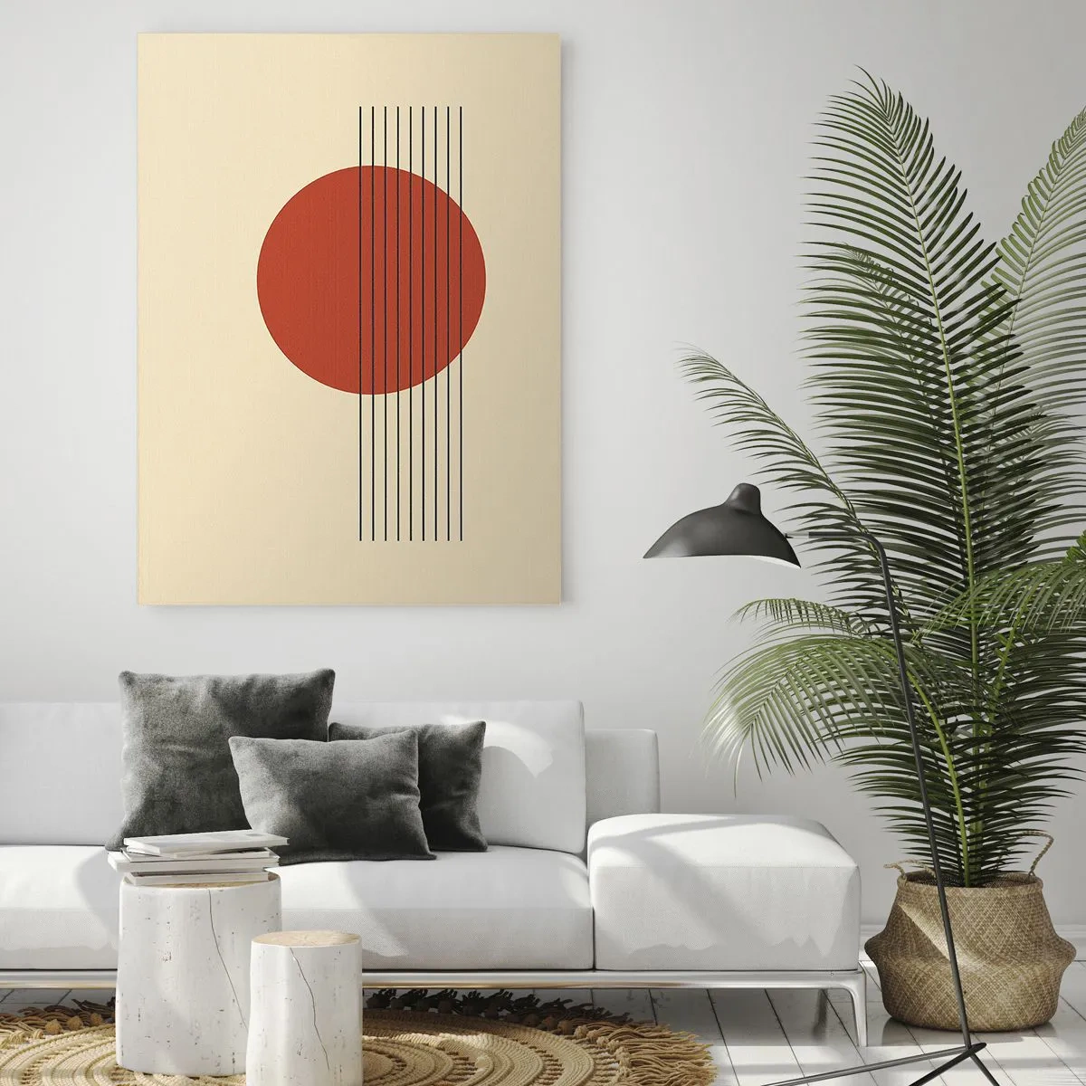Cuadro sobre vidrio - Impresiones sobre Vidrio - Círculo rojo abstracto con líneas sobre fondo beige. - 80x120cm - Cruzando el círculo - Decoración de pared moderna para salón y dormitorio ARTTOR