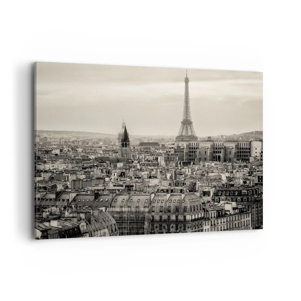 Cuadro sobre lienzo - Impresión de Imagen - Panorama de París con la Torre Eiffel en tonos sepia - 120x80cm - Sobre los tejados de París - Decoración de pared moderna para salón y dormitorio ARTTOR