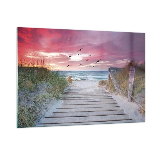 Cuadro sobre vidrio - Impresiones sobre Vidrio - Camino a la playa al atardecer con pájaros volando - 120x80cm - Impresión del Báltico - Decoración de pared moderna para salón y dormitorio ARTTOR