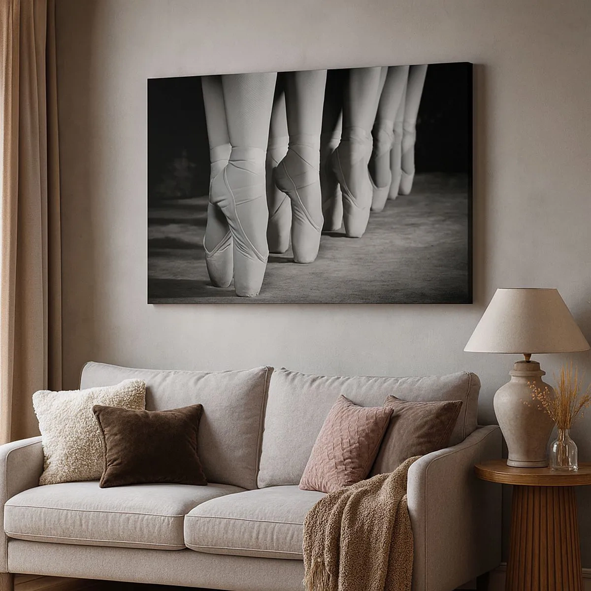 Cuadro sobre lienzo - Impresión de Imagen - Fotografía en blanco y negro de las zapatillas de ballet de una bailarina. - 70x50cm - En conjunto y al unísono - Decoración de pared moderna para salón y dormitorio ARTTOR